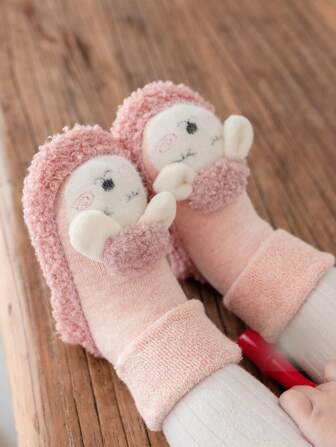 1pair Baby Girls' Thickened, Cute, Anti-slip Floor Socks In Pink With Cartoon Pattern