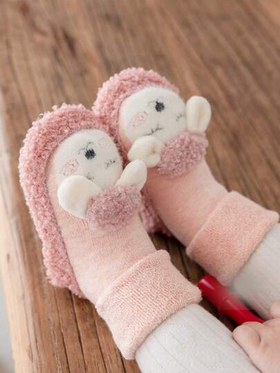 1pair Baby Girls' Thickened, Cute, Anti-slip Floor Socks In Pink With Cartoon Pattern