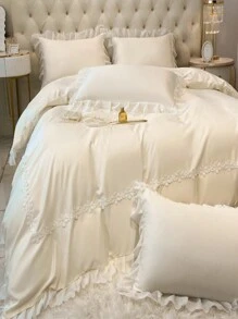 Washed Silk Embroidered Duvet Cover, Snowflake Yarn Lace Edged Bedding Set, 4pcs - Beige - View 7