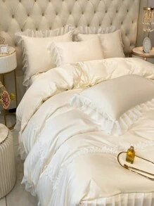 Washed Silk Embroidered Duvet Cover, Snowflake Yarn Lace Edged Bedding Set, 4pcs - Beige - View 3