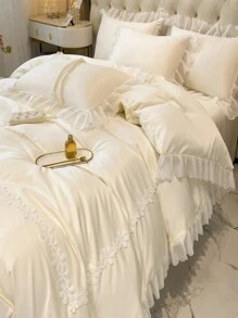 Washed Silk Embroidered Duvet Cover, Snowflake Yarn Lace Edged Bedding Set, 4pcs - Beige - View 5