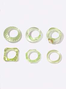 6 Piezas/set Set De Anillos Simples Verdes Con Estilo Europeo Y Americano - Verde - Ver 3