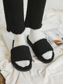 女款保暖舒適防滑黑色毛茸茸室內拖鞋,適用於秋冬季節