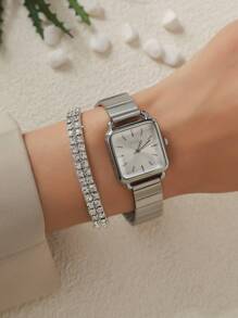 Disu Ladies' Stainless Steel Strap Business Style Simple Square Quartz Watch And One Double Row Rhinestones Decor Bracelet Suitable For Daily Wear As A Gift For Students Returning To School - Silver - View 2