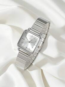 Disu Ladies' Stainless Steel Strap Business Style Simple Square Quartz Watch And One Double Row Rhinestones Decor Bracelet Suitable For Daily Wear As A Gift For Students Returning To School - Silver - View 3