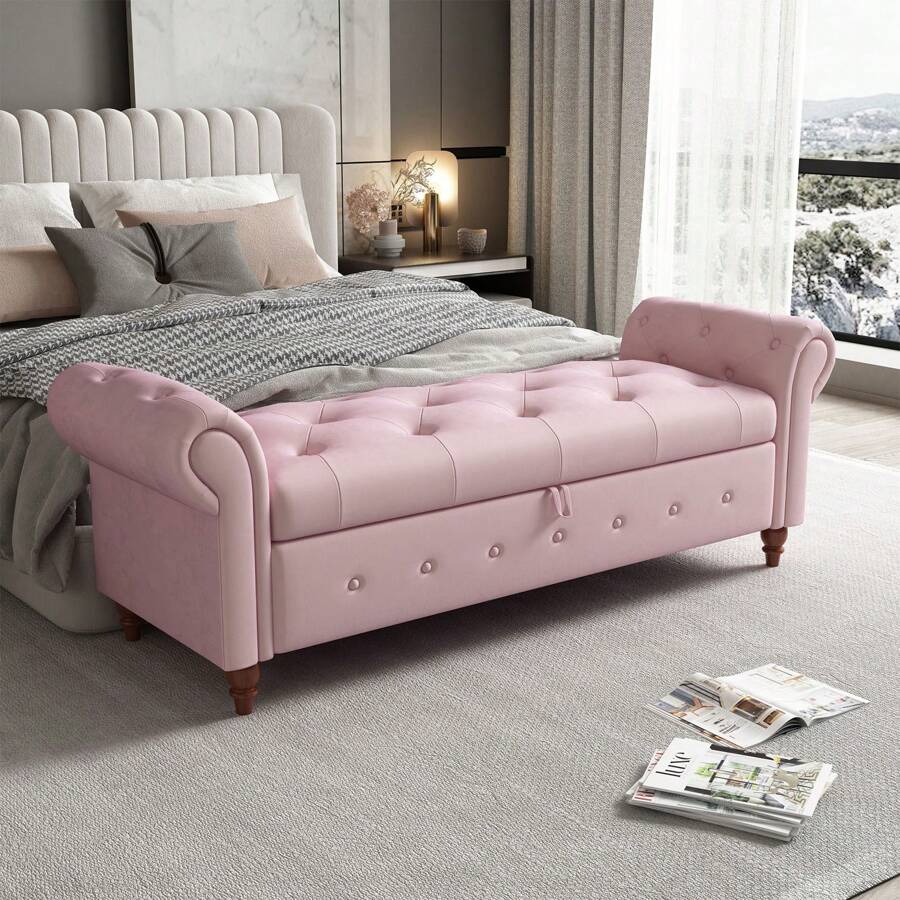 LUCKHAO 63" Tufted Storage Bench For Bedroom End Of Bed,Upholstered Storage Ottoman Bench ,Rolled Arm Window Bench Seatwith With Solid Wood Legs