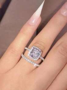 2 piezas/set Caja de regalo aleación de zinc forma cuadrada con diamante de imitación anillos de boda con embalaje - Plateado - Ver 13