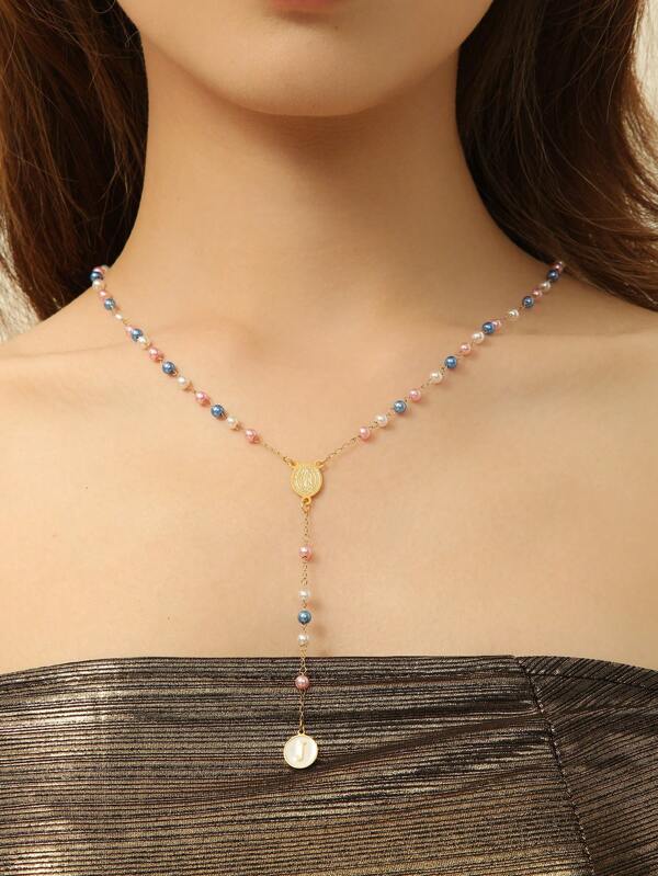 1pc Colorful Faux Pearl Beaded Titanium Steel Plated With Alphabet Pendant Choker Necklace For Women