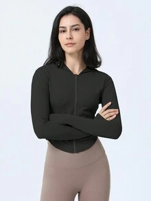 拉鍊帽衫拇指孔長袖瑜珈運動運動衫 - 黑色 - 查看 5