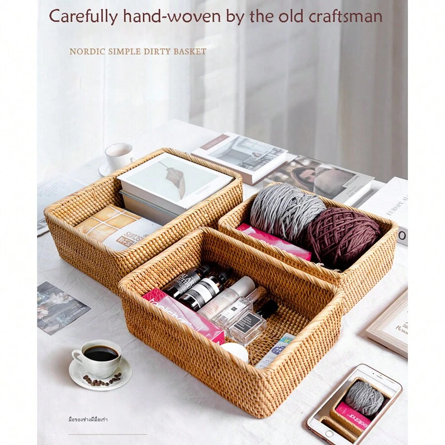 1pc Square Pure Handmade Rattan Storage Basket, Home Decoration, Photography Prop - Brown - View 1