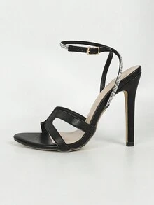 女性鑲有水晶的踝帶圓頭高跟涼鞋,歐美風格,性感舒適,百搭款式,適用於聚會和其他場合