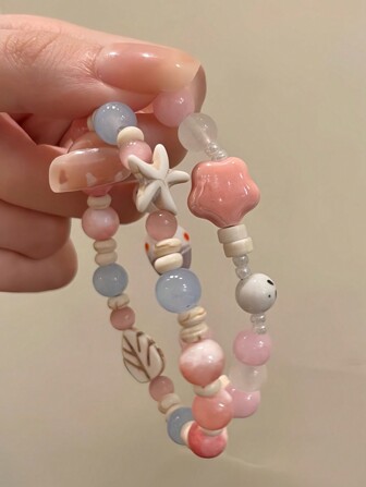2pcs/set Pink Beaded & Starfish Design Bracelet