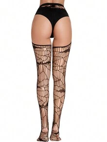 1對女性性感空心提花吊帶網襪,適用於家庭、工作、通勤、街頭、假派對、夜店