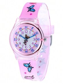 粉紅蝴蝶、透明果凍和半透明粉紅防水石英卡通兒童手錶,女孩腕錶