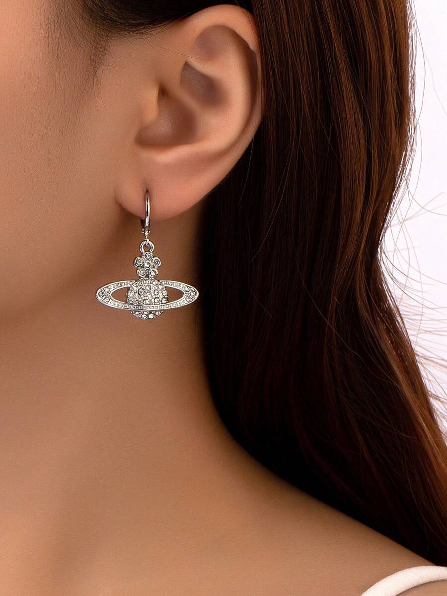 1pair Women's Dazzling Full Rhinestone Decor Alloy Planet Dangle Earrings - Silver - View 1