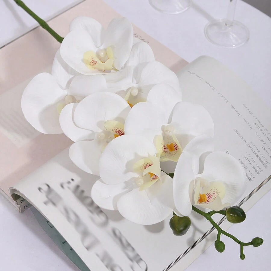 A七帶頭膠合人造蝴蝶蘭,白色,仿真花,擬真綠植,工廠風俗,學校宿舍辦公室裝飾用品,回到學校季節裝飾用品,戶外派對活動假期生日派對裝飾用品,聖誕萬聖節收成節日裝飾,家庭門酒店餐廳客廳臥室婚宴廚房花園裝飾用品