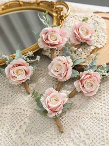 6pcs Pink Rose Mori Style Romantic Corsage Set For Wedding Or Party - Pink - View 1