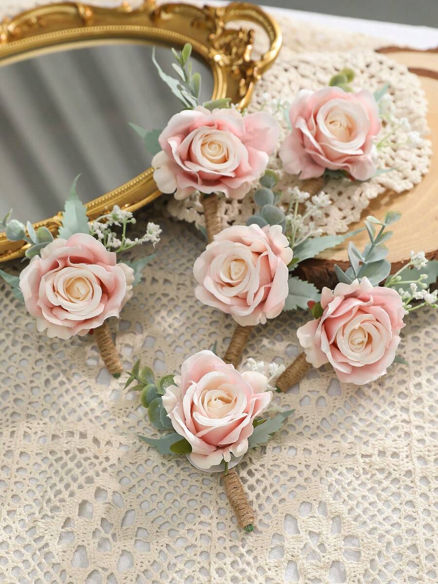 6pcs Pink Rose Mori Style Romantic Corsage Set For Wedding Or Party - Pink - View 1