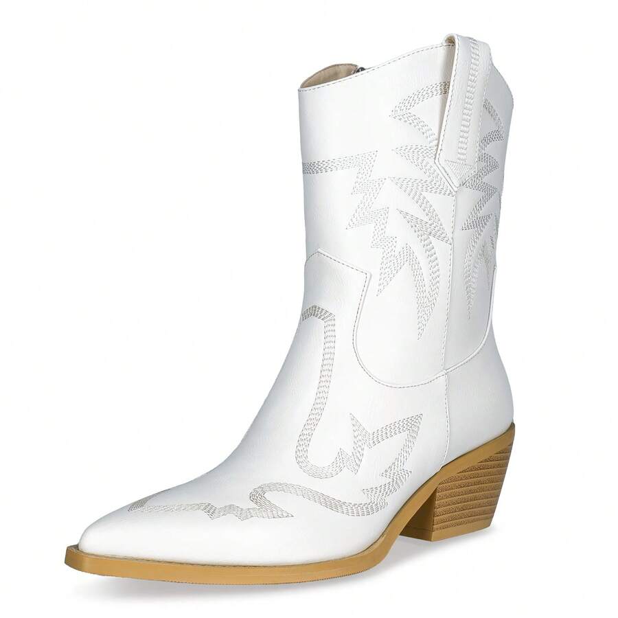 WETKISS Embroidered Cowboy Boots for Women, Ankle Cowgirl Boots with Pointed Toe, Side Zipper and Chunky Heel Design - trắng - Xem 1