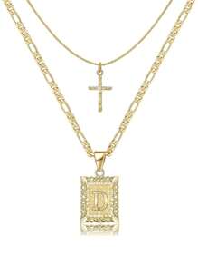 Letter Necklace Layered Initial Cross Necklace, Layering Square Letter Pendant Figaro Chain Cross Choker from A-Z Capital Jewelry for Women Girls - Yellow Gold - View 14