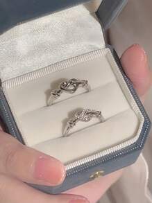 Set de 2 anillos decorados con corazones de moda, adecuados para el uso diario de parejas en San Valentín - Plateado - Ver 1