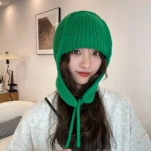 1pc Women's Ear Protection Design Knitted Warm Winter Beanie Hat, Suitable For Daily Use - Green - View 4