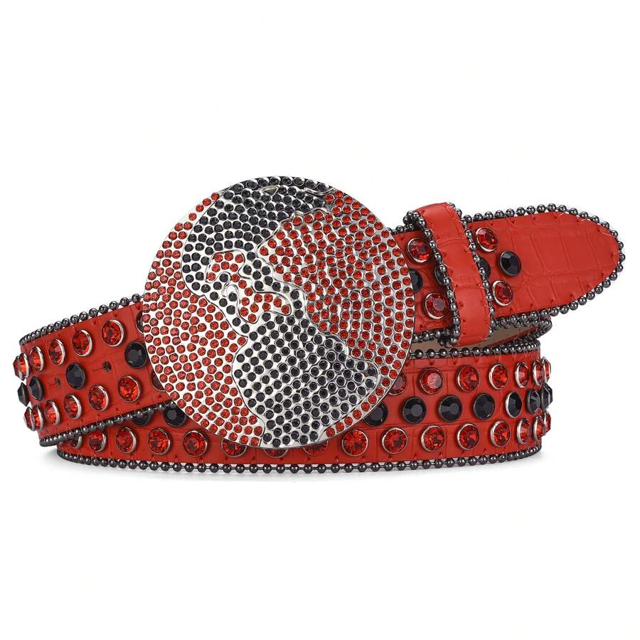 1pc Ladies' Red Pu Leather Waist Belt With Circular Rhinestone Buckle, Suitable For Daily Wear - Red - View 1