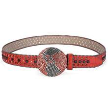 1pc Ladies' Red Pu Leather Waist Belt With Circular Rhinestone Buckle, Suitable For Daily Wear - Red - View 2