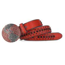 1pc Ladies' Red Pu Leather Waist Belt With Circular Rhinestone Buckle, Suitable For Daily Wear - Red - View 4