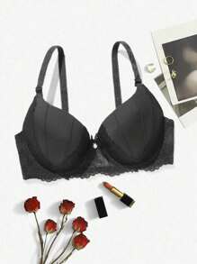 1pc Women's Black Lace Edge Thick Padded Bra With Side Support For Push Up And Ridding Of Underarm Fat, Lingerie - Black - View 1