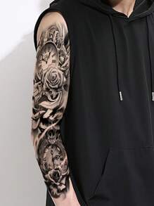 1 件裝玫瑰、骷髏和時鐘圖案臨時紋身貼紙,適合男士和女士,成人 - 黑色 - 查看 2
