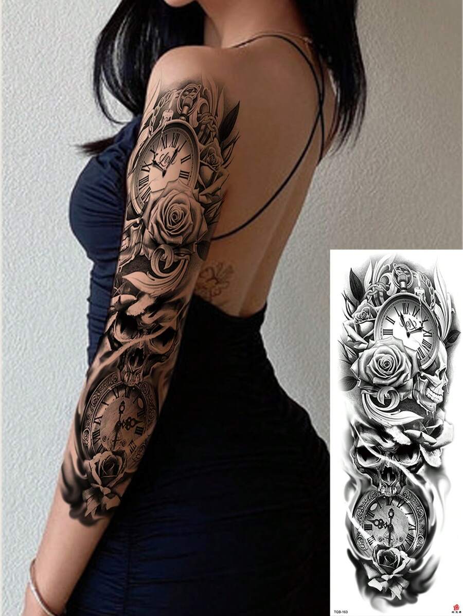 1 件裝玫瑰、骷髏和時鐘圖案臨時紋身貼紙,適合男士和女士,成人 - 黑色 - 查看 1