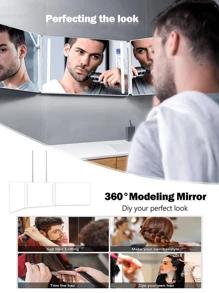 1入組款式3面鏡子自己理髮用的帶燈鏡子,可充電360三折鏡子,理髮師鏡子,led化妝鏡,照亮後腦勺的鏡子,diy理髮工具是男女的好禮物 - 彩色 - 查看 4