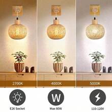 1pc Vintage Japanese Style Bamboo Woven Bedside Wall Lamp, Rattan & Wooden Dining Room Light, Country Style Indoor Background Wall E26 Base Lamp (Bulbs Not Included) - Khaki - View 4