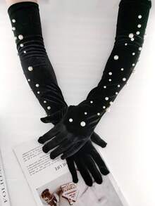 1對定制女士黑色絨面手套,配有珍珠釘和肘部長度,防風保暖,優雅時尚,適合秋冬日常穿著、派對和跳舞 - 黑色 - 查看 2