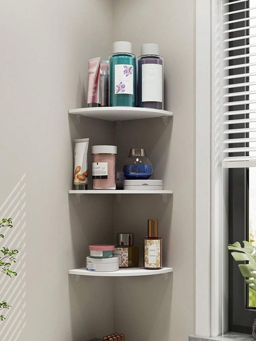 3 Piezas Estante De Almacenamiento De Esquina De Pared De Partición De Sala De Estar Sin Agujeros, Sin Forma De Abanico, De Esquina Triangular, Para Baño, Dormitorio - Blanco - Ver 1