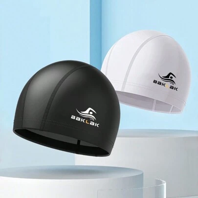 2 piezas Gorro de natación impermeable y antideslizante para adultos con bolsillo para el cabello para hombres y mujeres, suave, cómodo, ligero, adecuado para natación en interiores y exteriores, hecho de material de PU, negro y blanco, artículos esenciales de playa, accesorios de playa, flotador de piscina