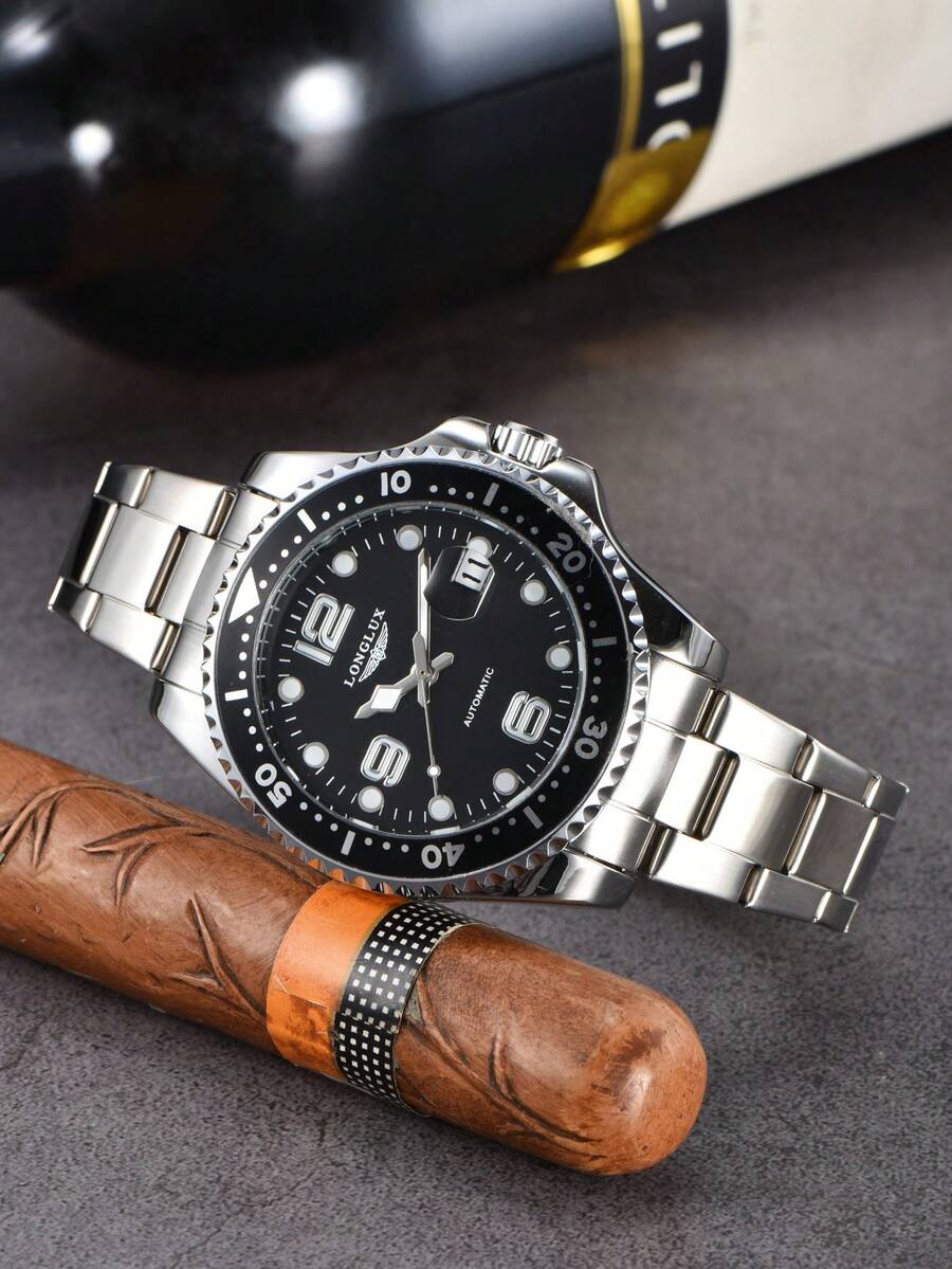 LONGLUX 1pc Men Silver Stainless Steel Strap Business Date Water Resistant Round Dial Mechanical Watch, For Daily Life - Silver - View 1