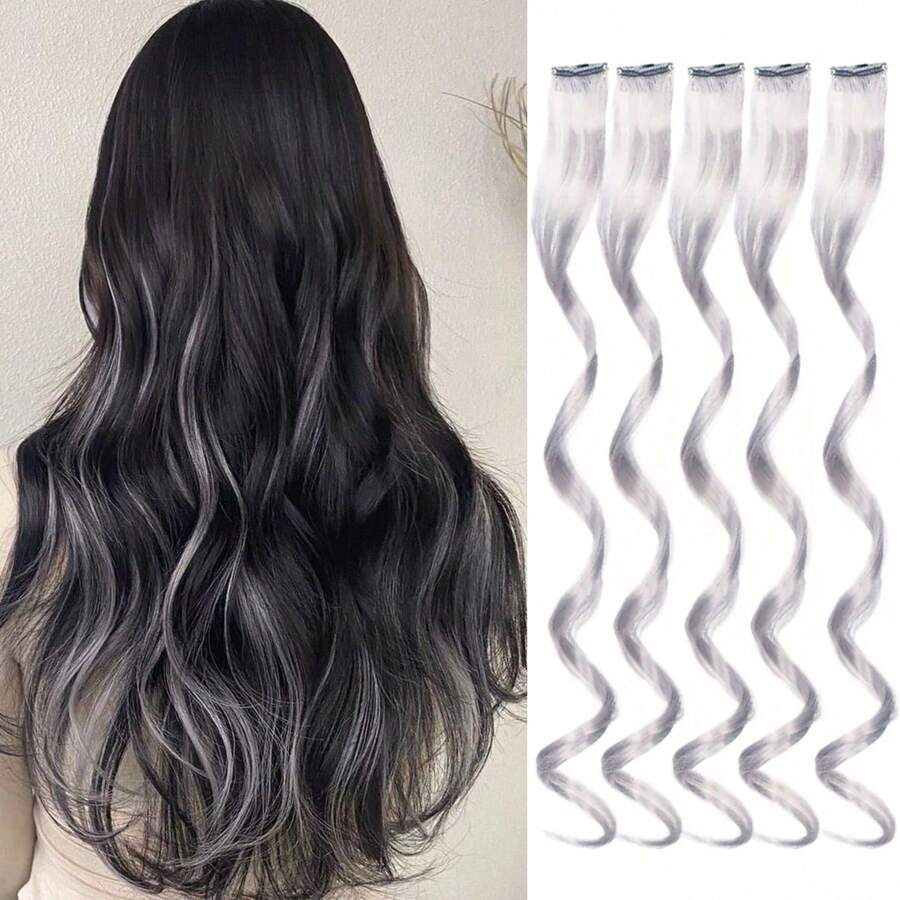 5 lọn tóc nối nhiều màu sắc, kiểu tóc dự tiệc, tóc xoăn gợn sóng, kẹp tóc highlight tổng hợp, phù hợp cho bé gái và phụ nữ, dài 17 inch.