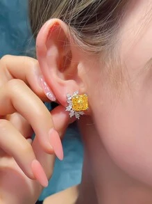 1 对奢华黄色方晶锆石耳钉，适合女士婚礼订婚周年派对珠宝情人节礼物、妈妈、母亲、母亲节、礼物 - 銀色 - 查看 7