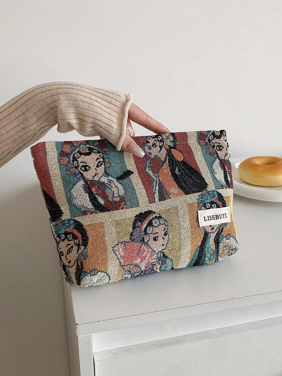 Bolsa de maquillaje vintage con estampado de niña de dibujos animados en lino jacquard, neceser de cosméticos portátil de gran capacidad para mujer, bolsa de aseo de viaje con cremallera para almacenamiento - Multicolor - Ver 1