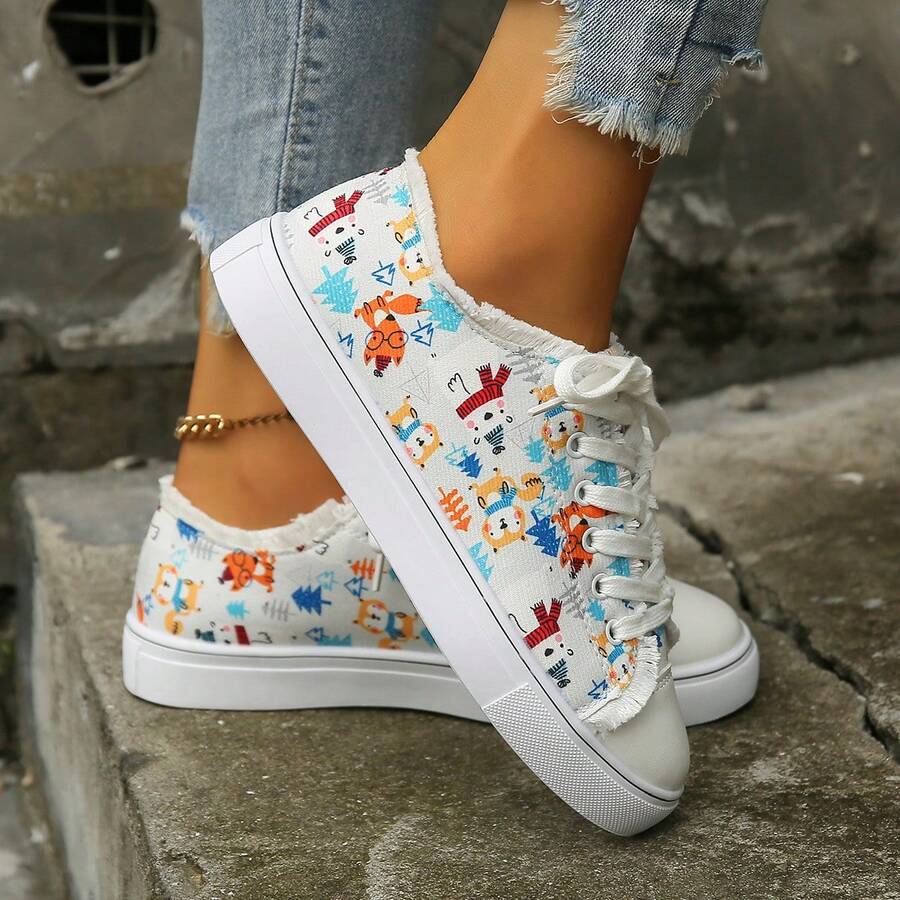 女士加大碼聖誕節休閒戶外運動平底帆布鞋,有鞋帶 - 彩色 - 查看 1