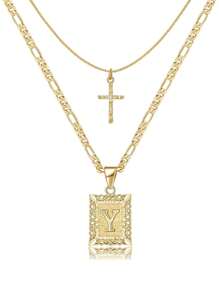 Letter Necklace Layered Initial Cross Necklace, Layering Square Letter Pendant Figaro Chain Cross Choker from A-Z Capital Jewelry for Women Girls - Yellow Gold - View 9