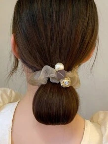 3件套新款优雅时尚珍珠水晶球欧根纱发圈，适合派对和日常使用 - 彩色 - 查看 3