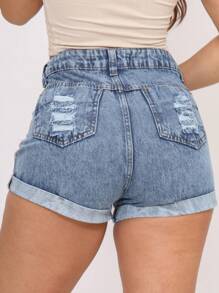 Women Denim Shorts - 中等水洗藍 - 查看 2