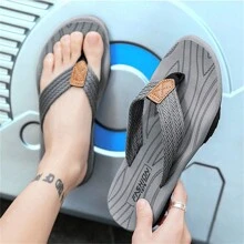 男式夏季海灘平底拖鞋,厚底設計與獨特造型 - 灰色 - 查看 1