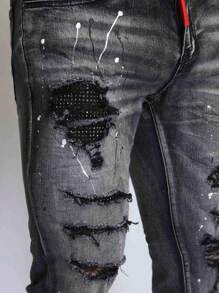 Logeqi® Men Men's Gothic Street Art Ripped Jeans With Patches - Black - View 8