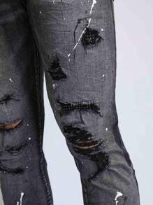 Logeqi® Men Men's Gothic Street Art Ripped Jeans With Patches - Black - View 7