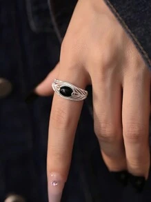 1pc S925 Sterling Silver Advanced Black Agate Ring With Hollow Out Feather Design For Women