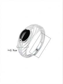 1pc S925 Sterling Silver Advanced Black Agate Ring With Hollow Out Feather Design For Women